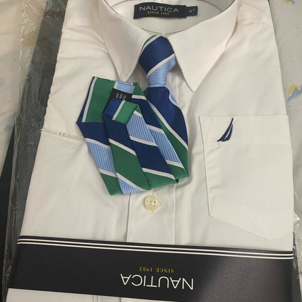 Nautica boys 4T White Shirt with Blue and Green Tie